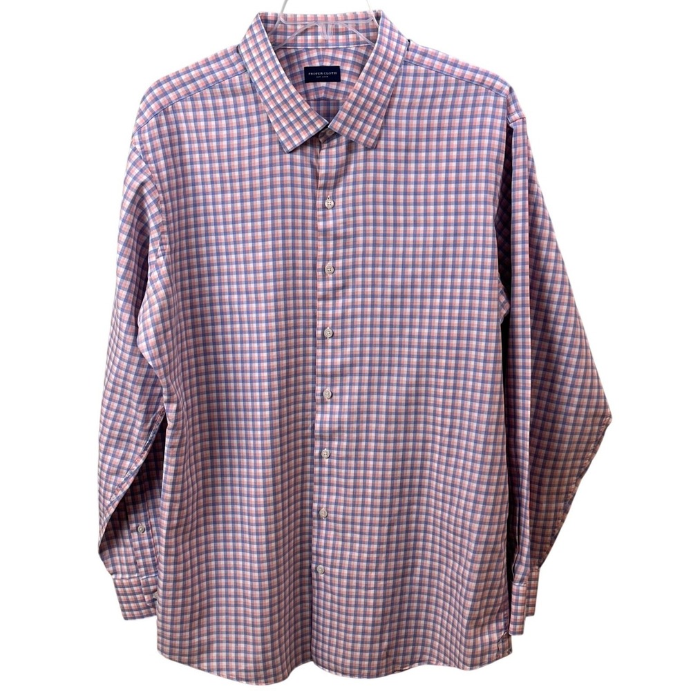 Proper Cloth Peach Blue Check Long‎ Sleeve Tailored Shirt 20/36